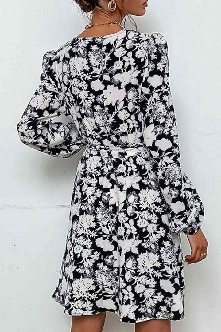 Floral Belted V-Neck Puff Sleeve Mini Dress |1mrk.com