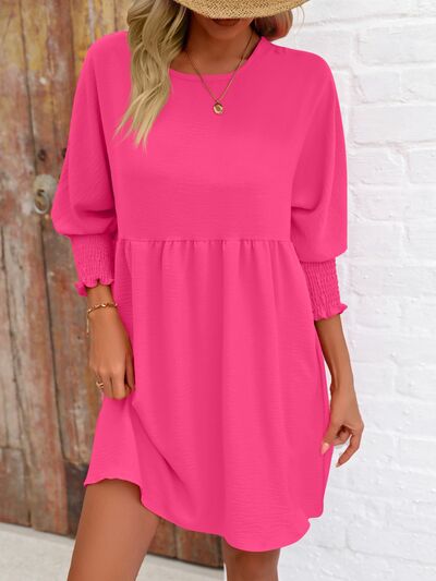 Round Neck Lantern Sleeve Mini Dress |1mrk.com