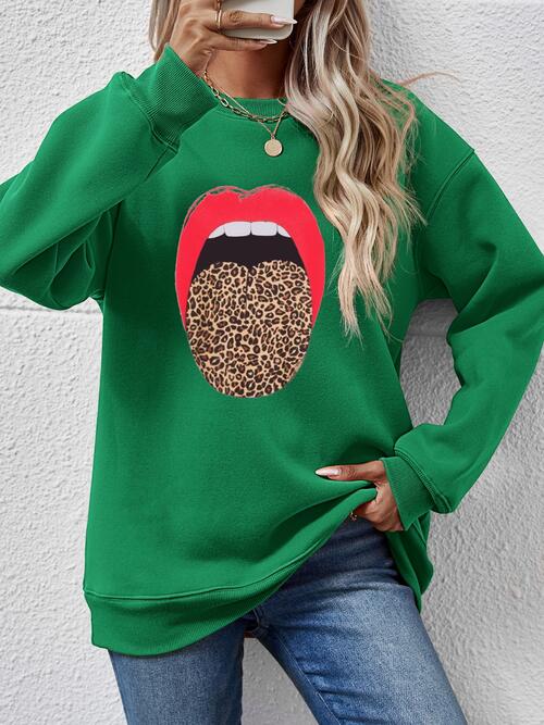 Leopard Lip Graphic Round Neck Sweatshirt |1mrk.com