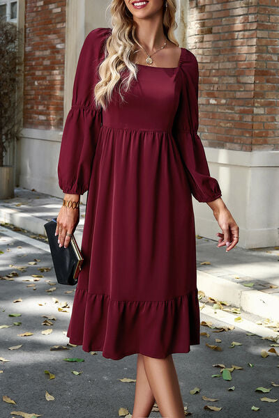 Square Neck Balloon Sleeve Midi Dress |1mrk.com