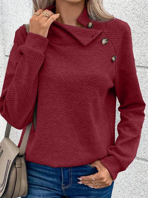 Buttoned Mock Neck Long Sleeve Sweatshirt |1mrk.com