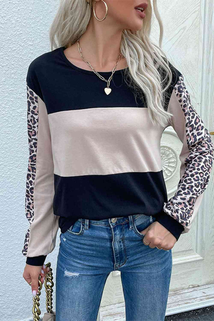 Leopard Color Block Long Sleeve Sweatshirt |1mrk.com