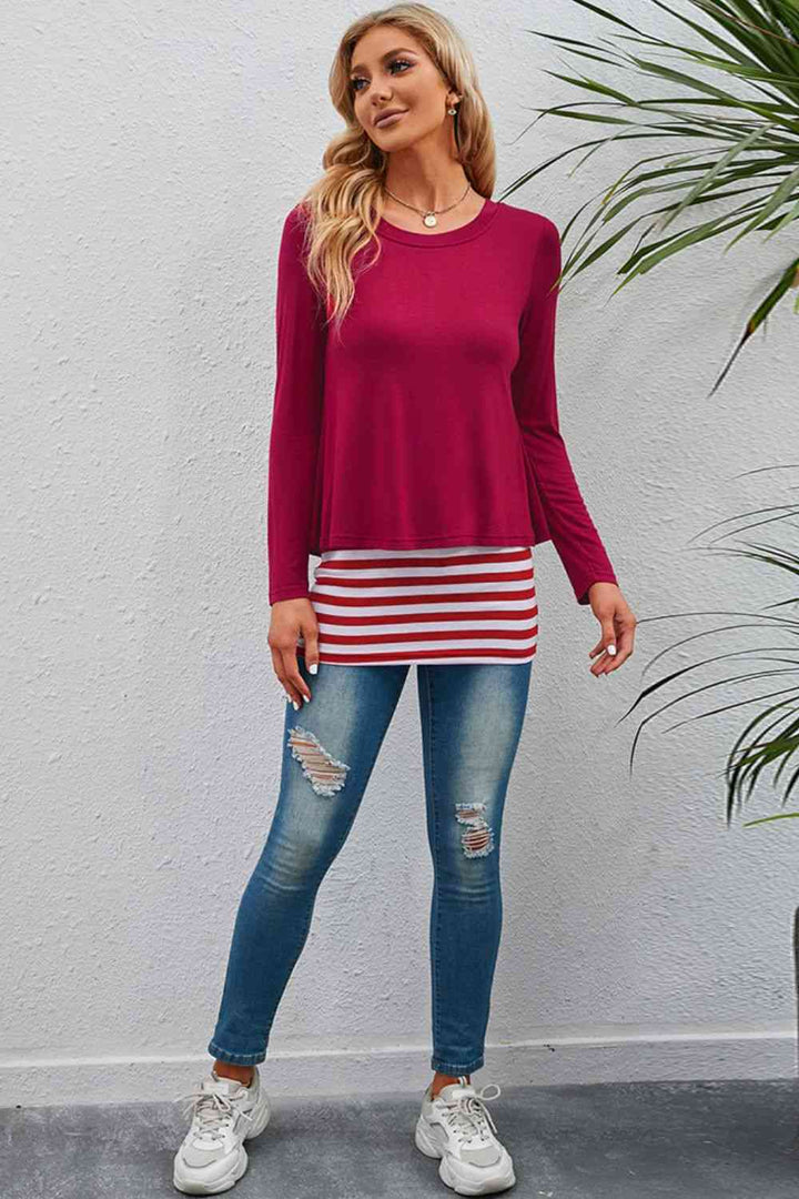 Full Size Striped Faux Layered Long Sleeve Top | 1mrk.com