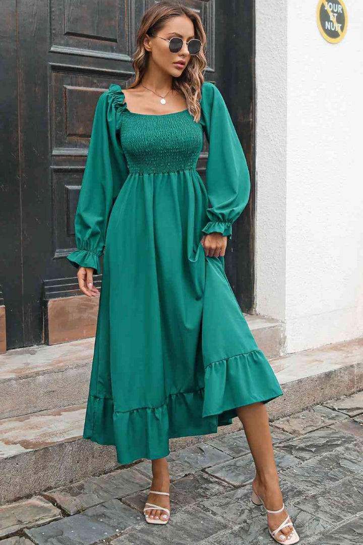 Smocked Ruffle Hem Flounce Sleeve Dress |1mrk.com