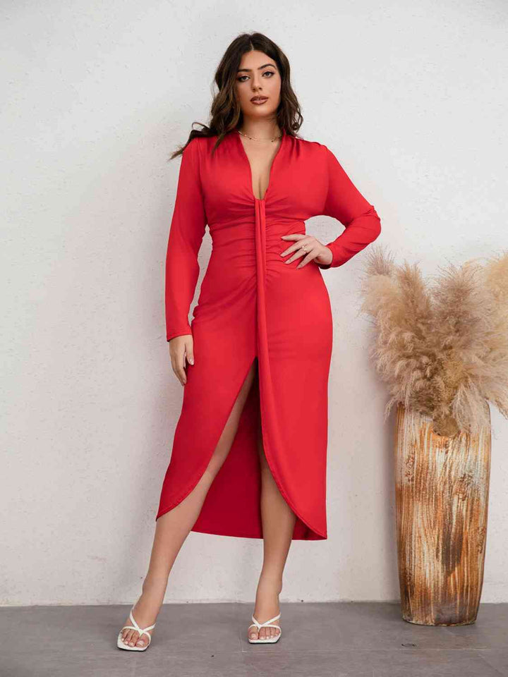 Plus Size Plunge Ruched Slit Dress |1mrk.com