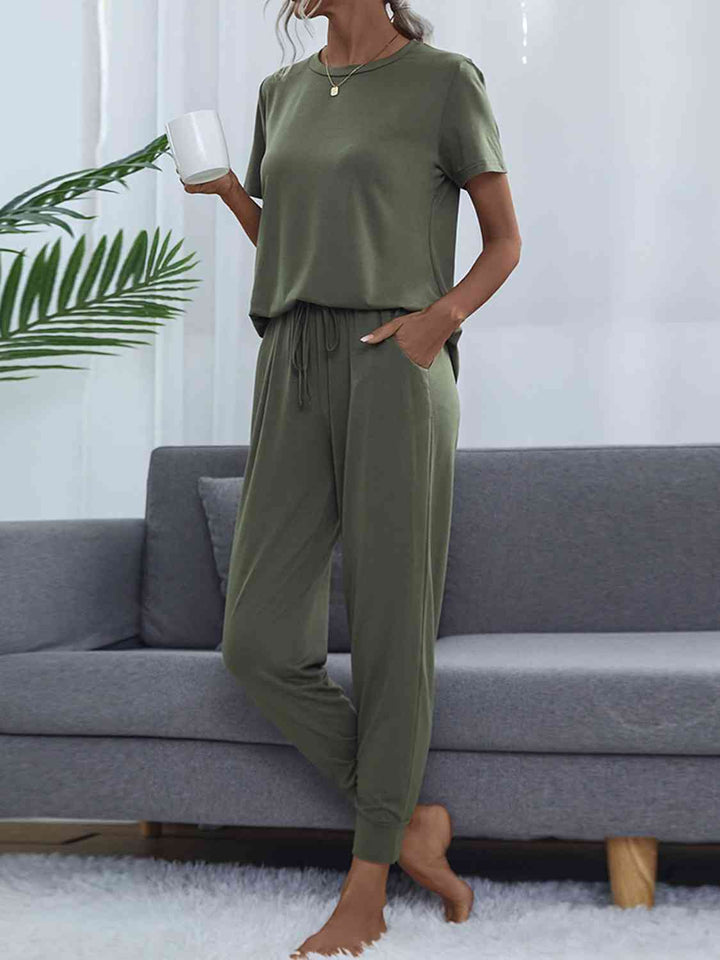 Round Neck Short Sleeve Top and Pants Set | 1mrk.com