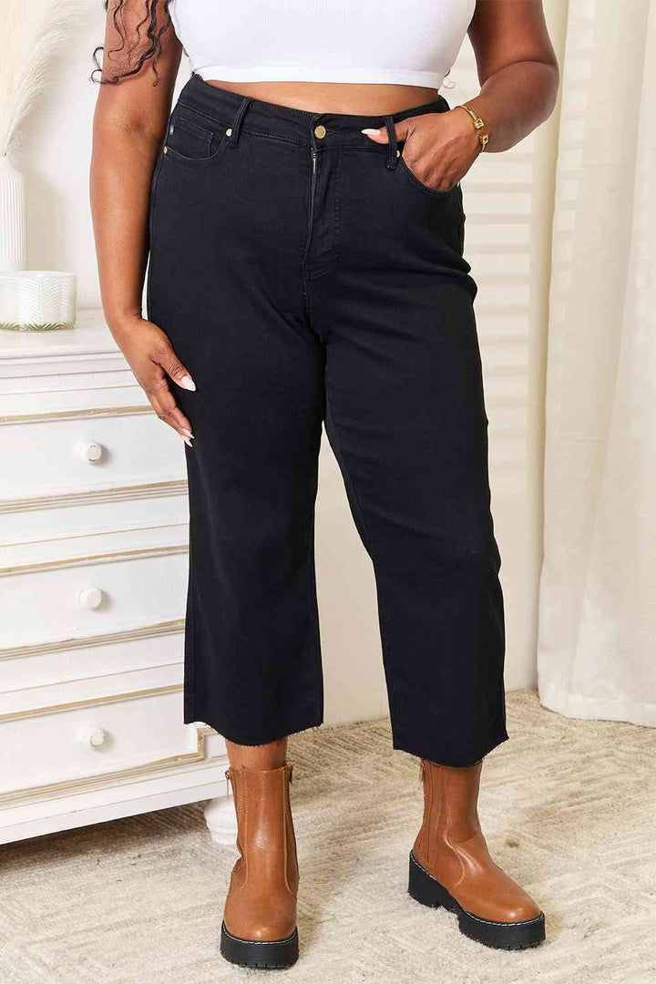 Judy Blue Full Size High Waist Wide Raw Hem Cropped Jeans | 1mrk.com