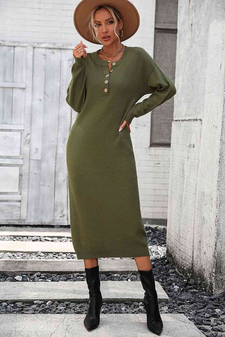 Notched Neck Dropped Shoulder Button-Down Midi Dress | 1mrk.com