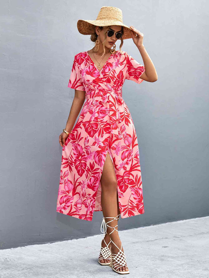 Floral Print High Slit Surplice Neck Tie Waist Midi Dress |1mrk.com