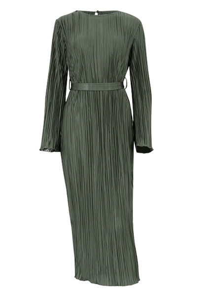 Textured Tied Round Neck Long Sleeve Dress |1mrk.com