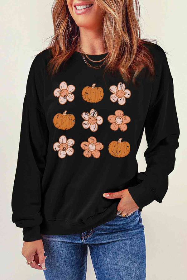 Simply Love Round Neck Long Sleeve Pumpkin & Flower Graphic Sweatshirt |1mrk.com