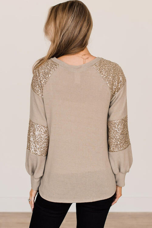 Sequin Round Neck Long Sleeve T-Shirt | 1mrk.com