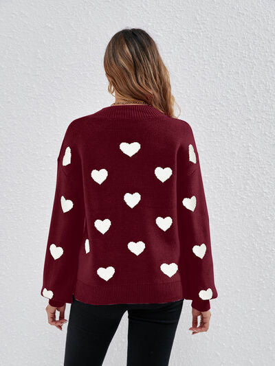 Heart Round Neck Dropped Shoulder Sweater |1mrk.com