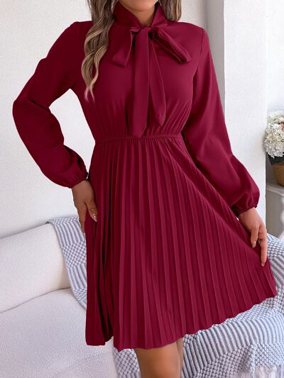 Tie Neck Balloon Sleeve Pleated Dress |1mrk.com