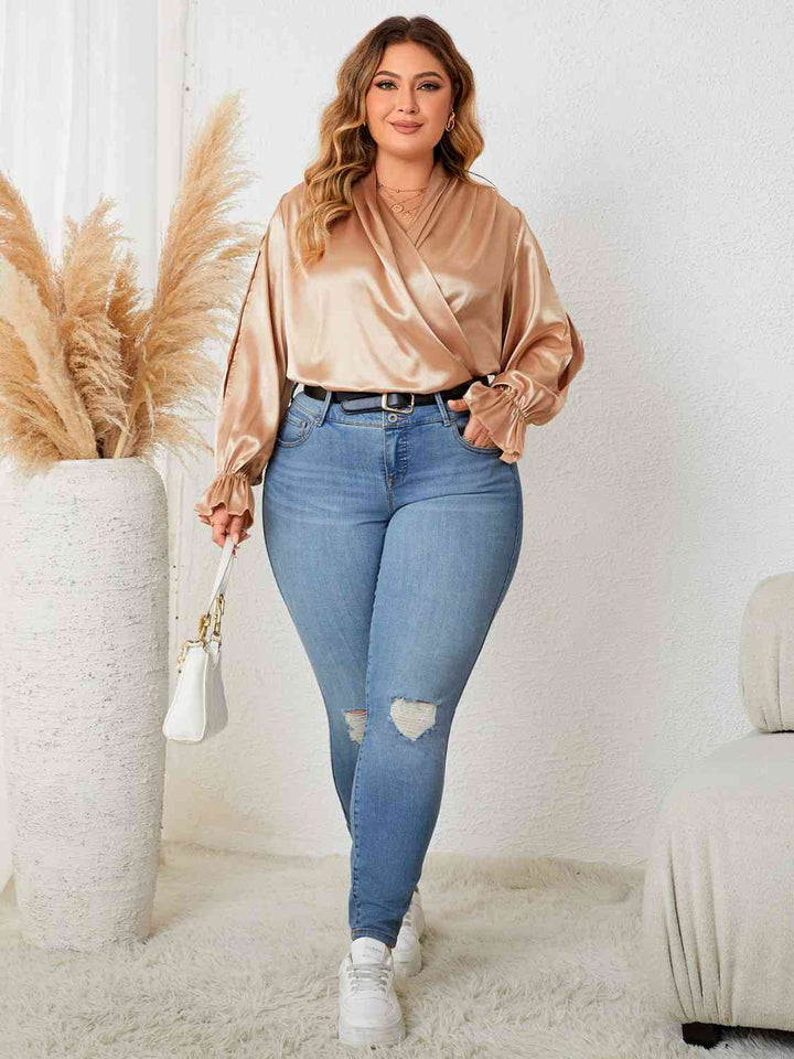 Plus Size Surplice Neck Flounce Sleeve Blouse |1mrk.com