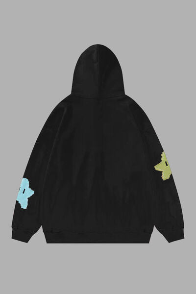 Star Drawstring Zip Up Dropped Shoulder Hoodie | Trendsi