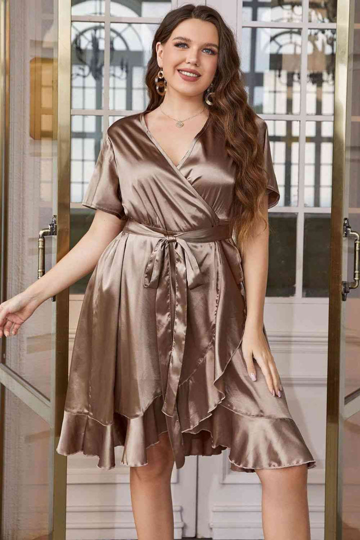 Plus Size Belted Ruffled Surplice Dress | 1mrk.com