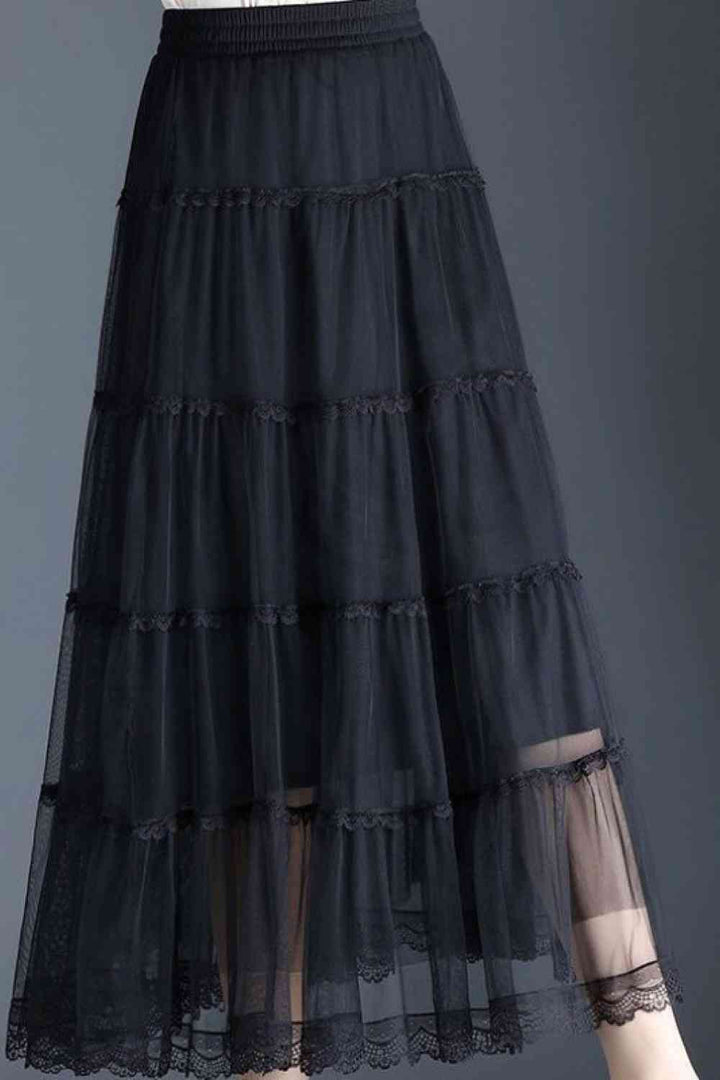 Smocked Lace Trim Midi Skirt |1mrk.com