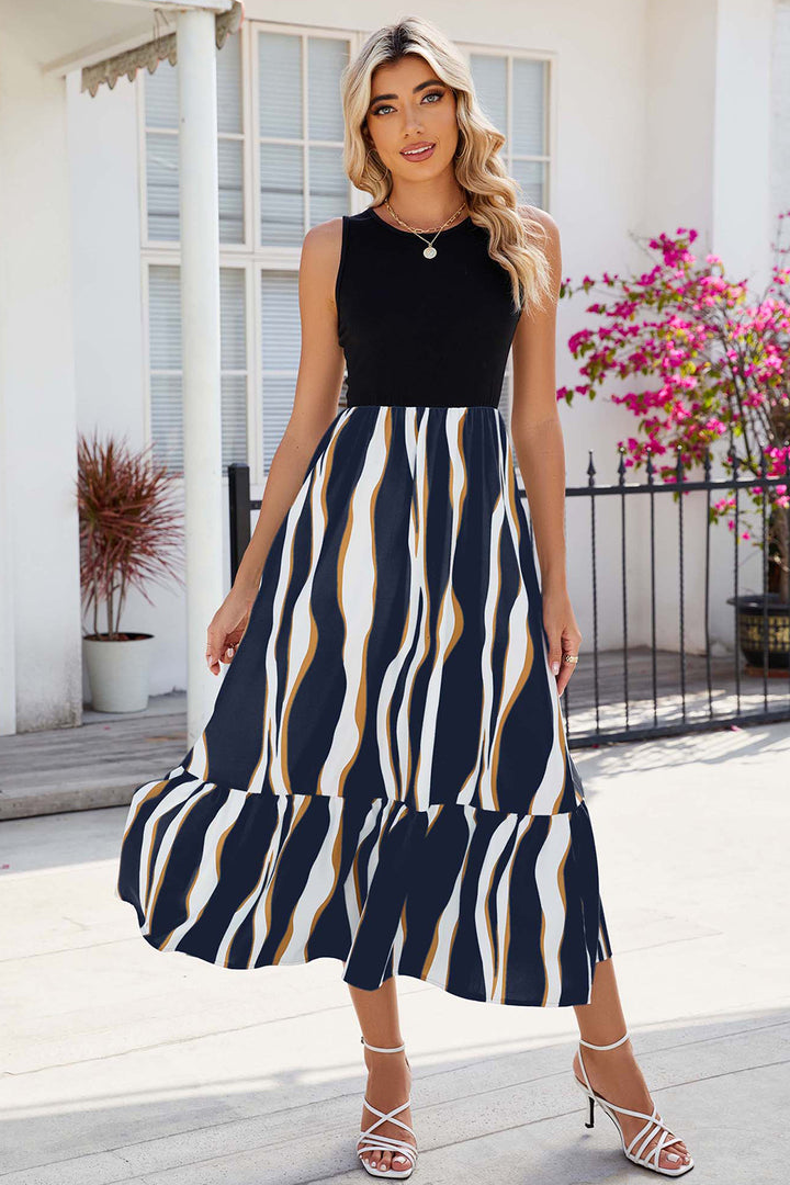 Striped Round Neck Sleeveless Midi Dress | Trendsi