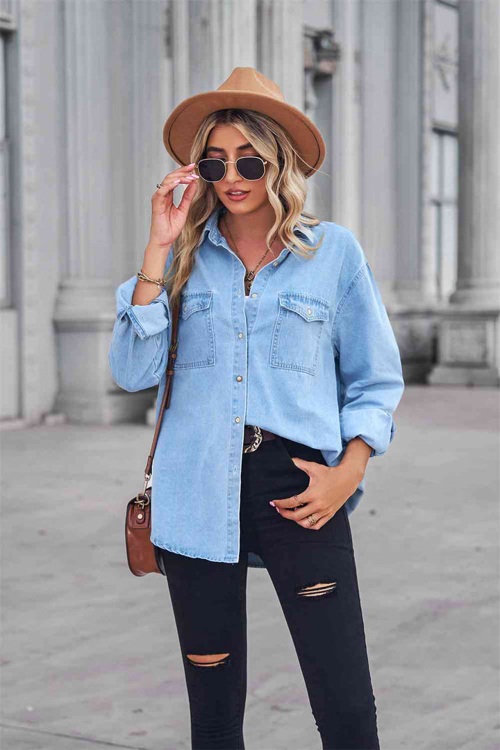 Collared Neck Dropped Shoulder Denim Top | 1mrk.com