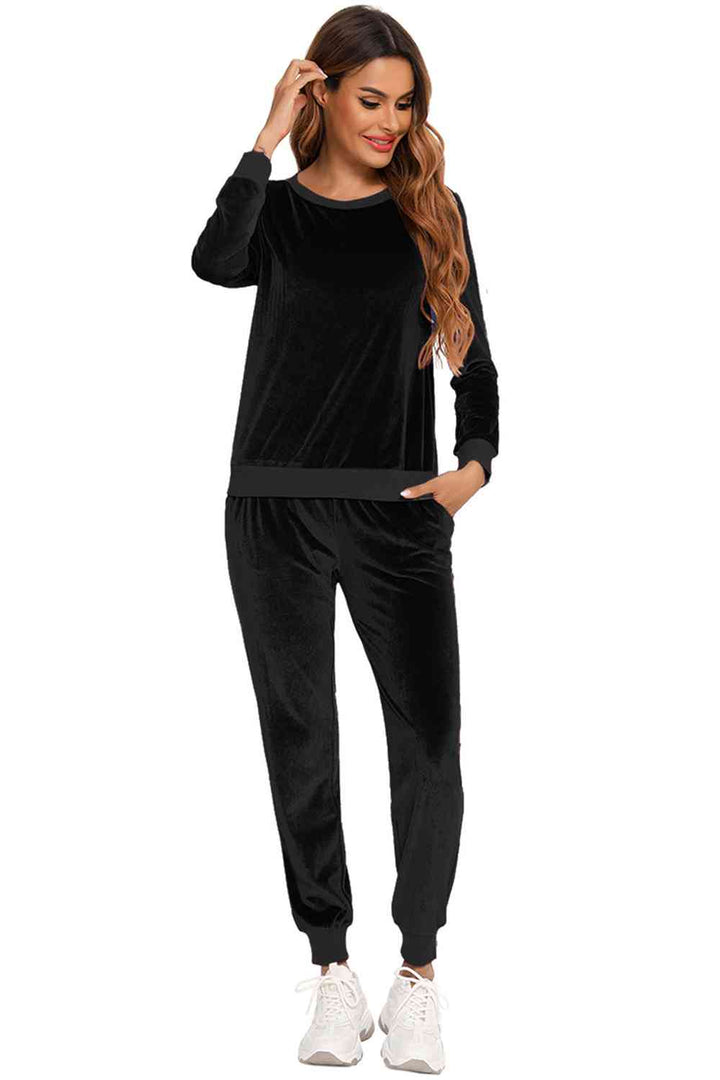 Round Neck Long Sleeve Loungewear Set with Pockets | 1mrk.com