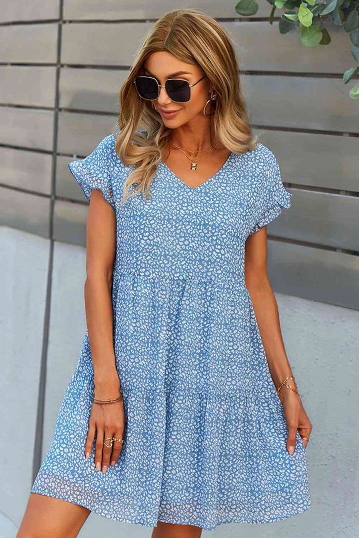 Printed V-Neck Short Sleeve Tiered Dress |1mrk.com