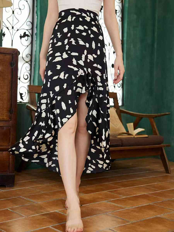 Printed Ruffled Front Slit Skirt |1mrk.com