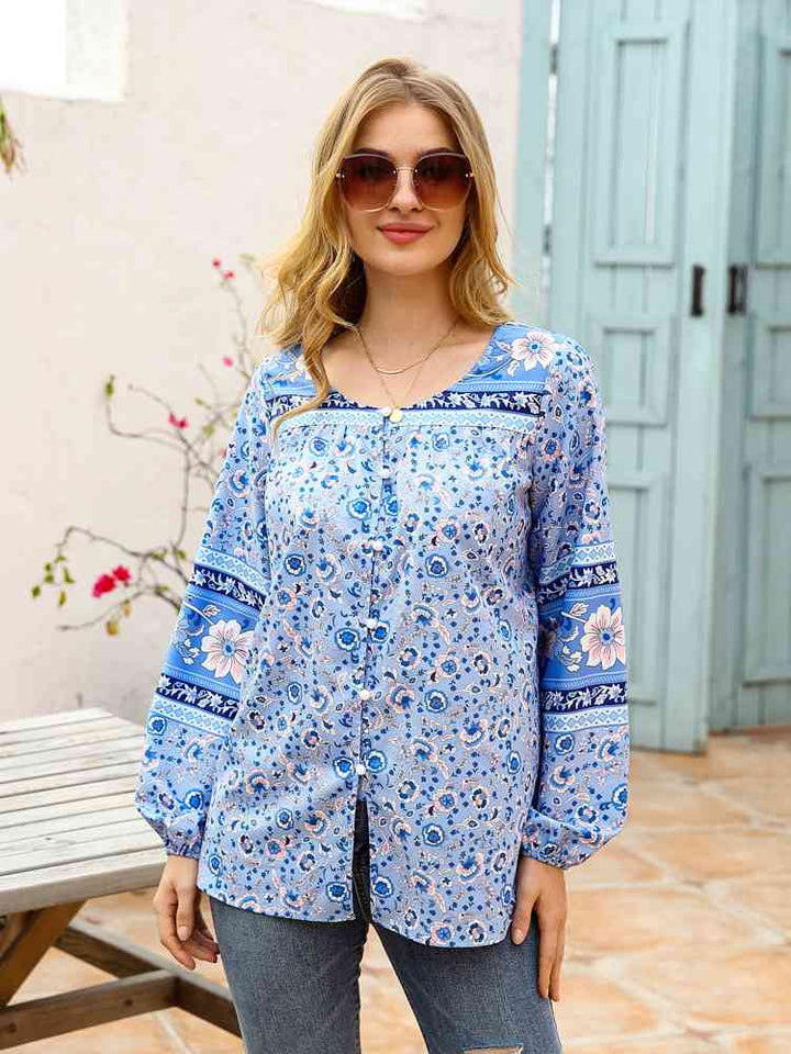 Full Size Bohemian Round Neck Balloon Sleeve Shirt |1mrk.com