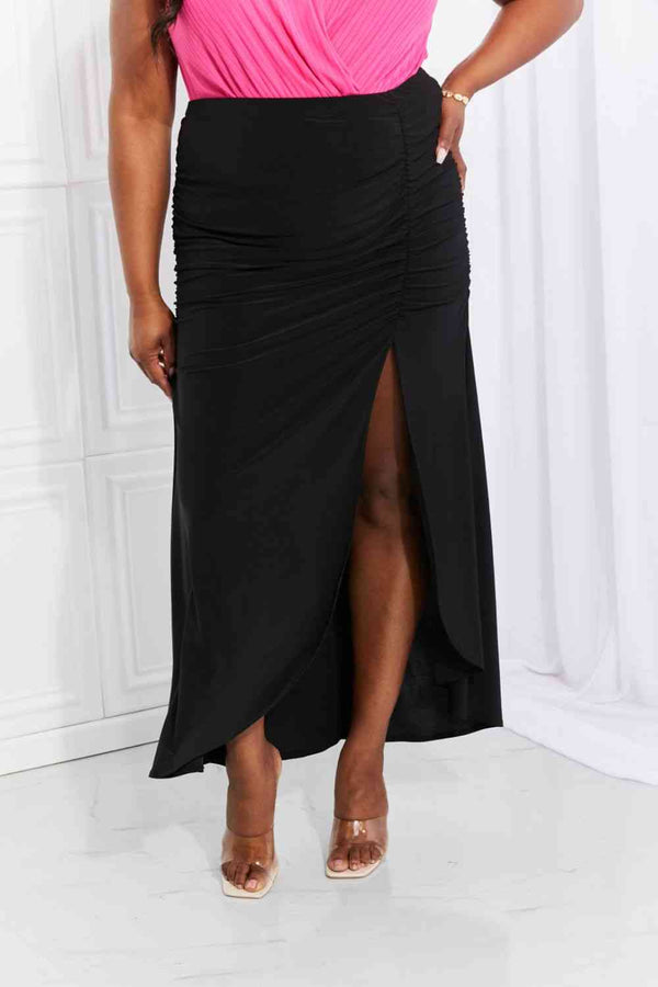 White Birch Full Size Up and Up Ruched Slit Maxi Skirt in Black | 1mrk.com