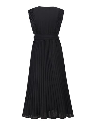 Tied Surplice Cap Sleeve Pleated Dress |1mrk.com