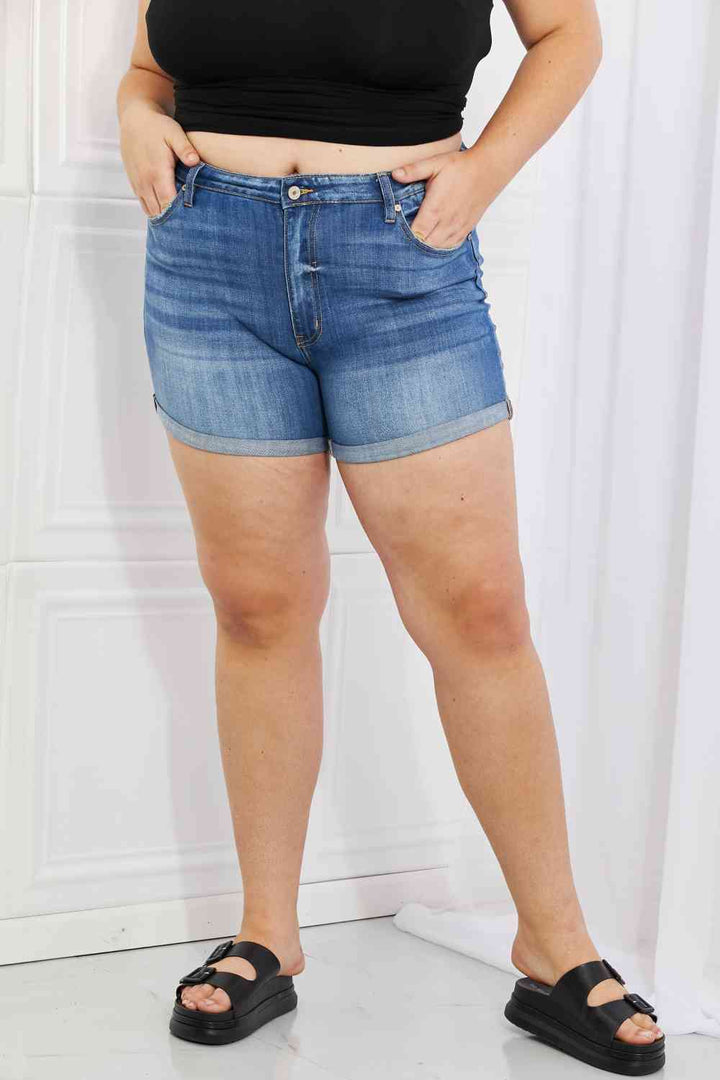 Kancan Full Size High Rise Medium Stone Wash Denim Shorts |1mrk.com