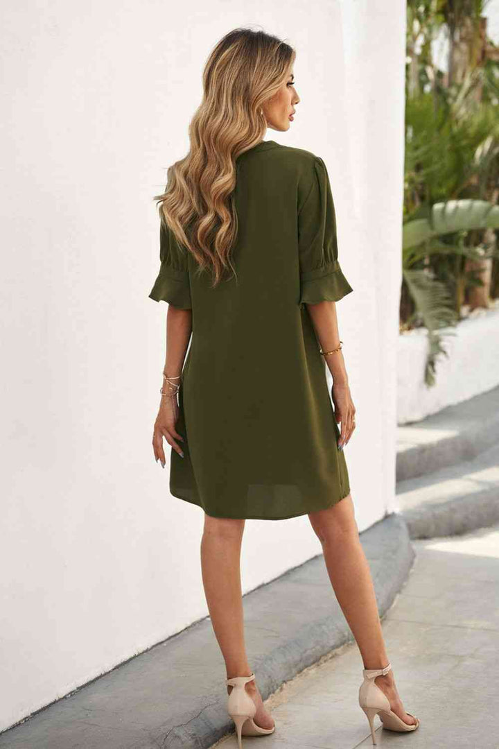 Puff Sleeve Notched Mini Shift Dress |1mrk.com