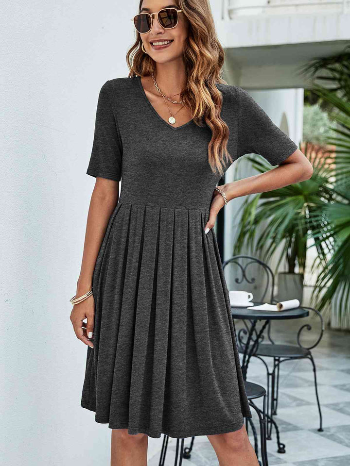 Pleated V-Neck Short Sleeve Tee Dress |1mrk.com