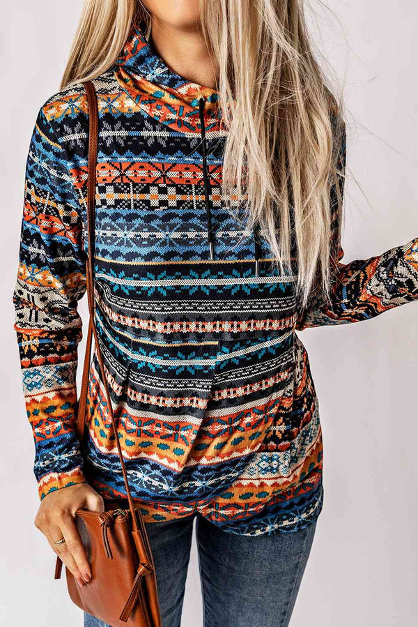 Patterned Drawstring Detail Cowl Neck Hoodie |1mrk.com