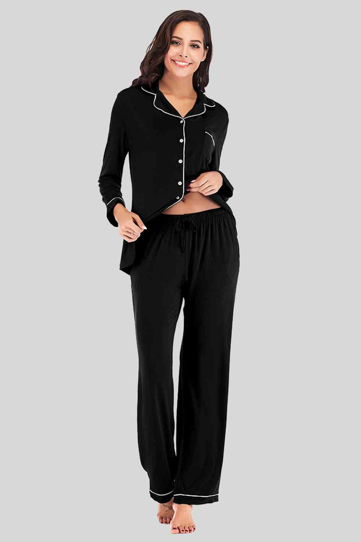 Collared Neck Long Sleeve Loungewear Set with Pockets | 1mrk.com