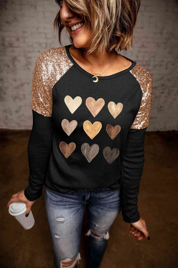 Contrast Sequin Heart Graphic Raglan Sleeve Top | 1mrk.com