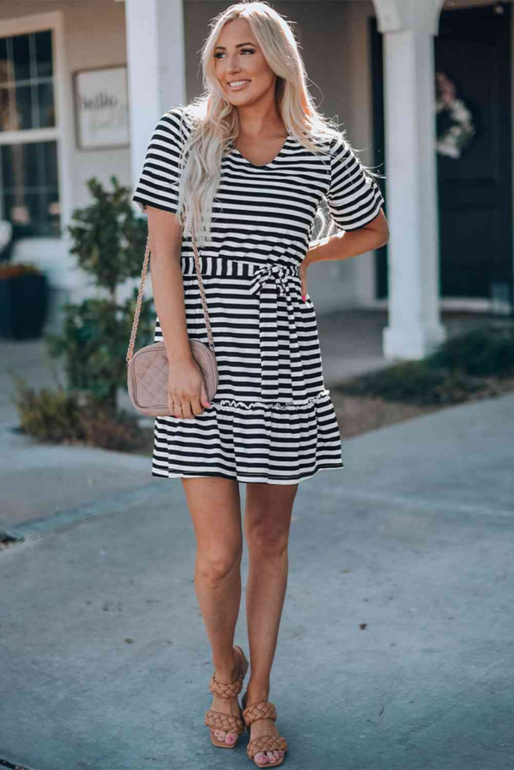 Striped Tie-Waist Frill Trim V-Neck Dress |1mrk.com