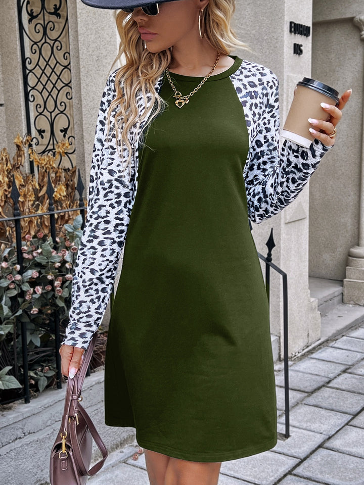 Leopard Round Neck Long Sleeve Dress | Trendsi