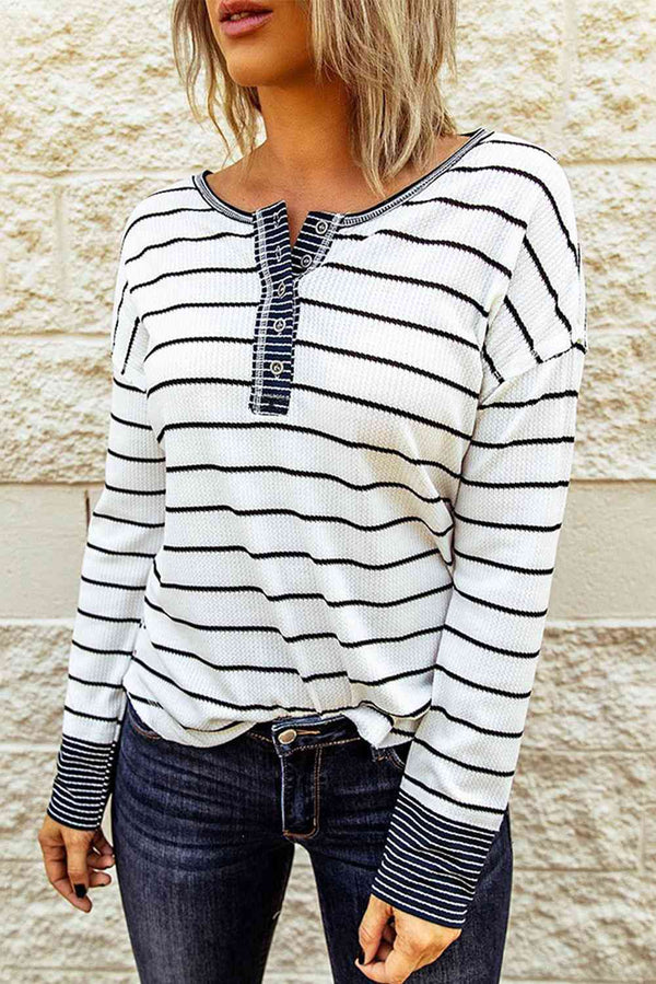 Striped Waffle Knit Henley Long Sleeve Top | 1mrk.com