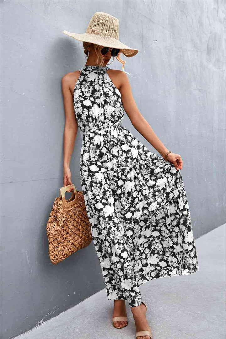 Printed Sleeveless Tie Waist Maxi Dress |1mrk.com