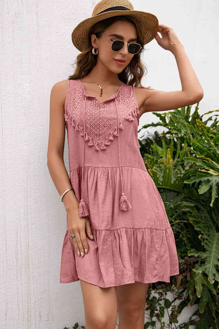 Tassel Tie Lace Trim Sleeveless Dress |1mrk.com