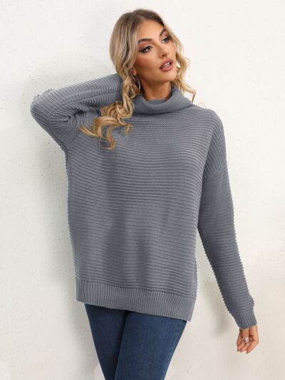 Slit Turtleneck Dropped Shoulder Sweater |1mrk.com