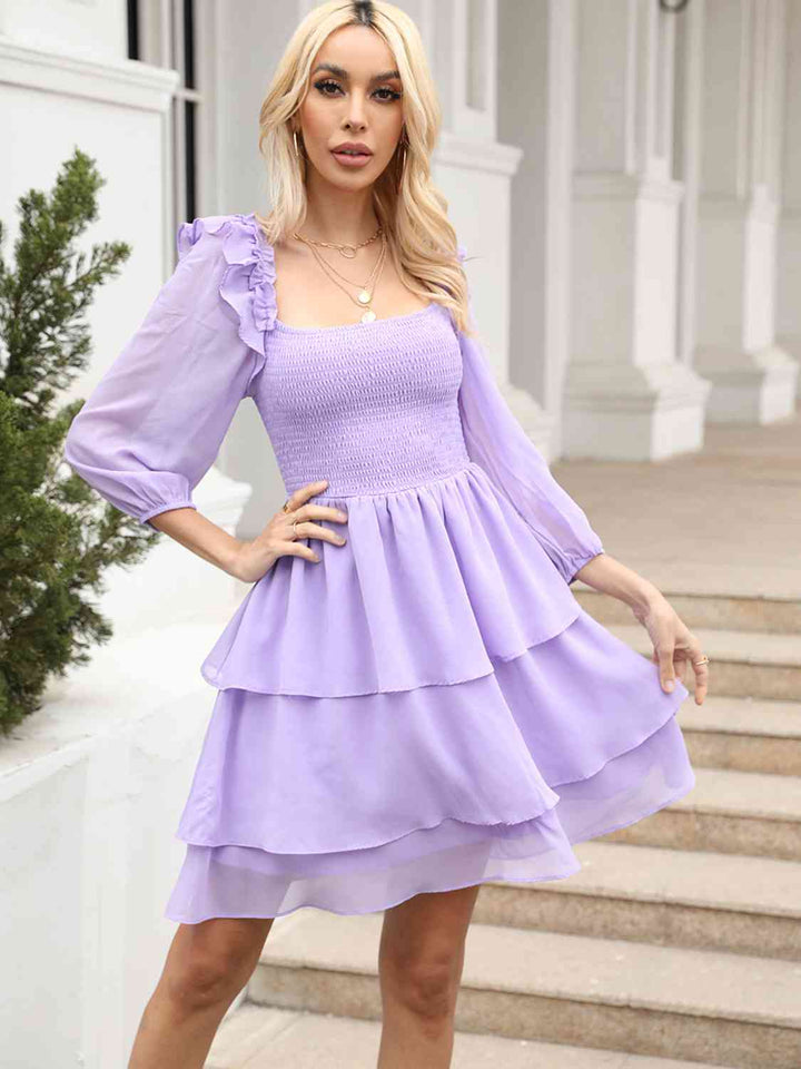 Smocked Square Neck Layered Dress |1mrk.com