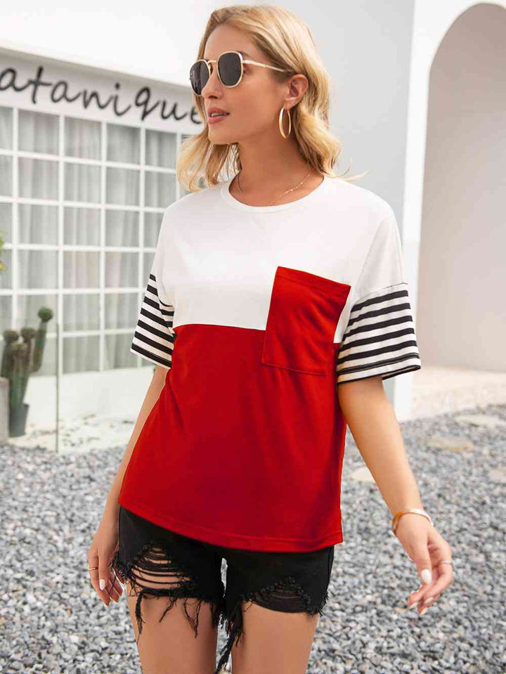 Striped Color Block Round Neck Tee | 1mrk.com