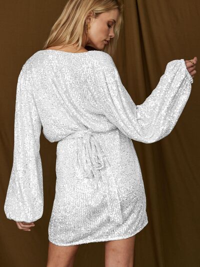 Tied Sequin Surplice Balloon Sleeve Dress |1mrk.com