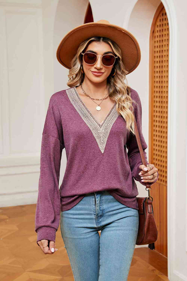 Contrast V-Neck Long Sleeve Blouse | 1mrk.com