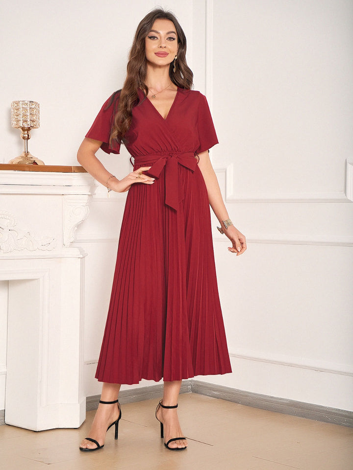 Pleated Surplice Tie Waist Dress | Trendsi