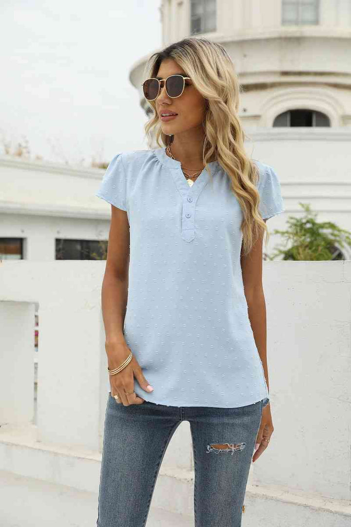 Swiss Dot Notched Neck Short Sleeve Top | 1mrk.com