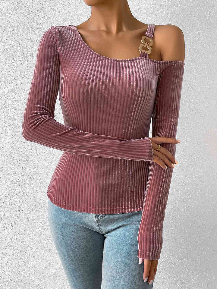 Ribbed Long Sleeve Asymmetrical Blouse | 1mrk.com