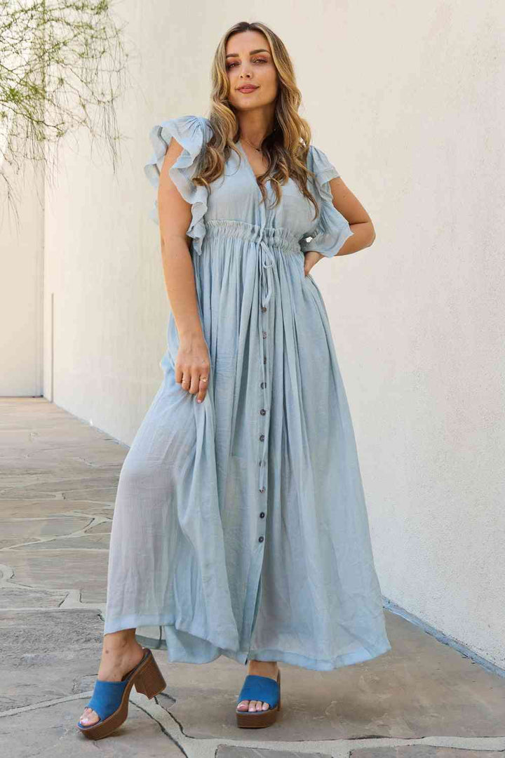 Sweet Lovely By Jen Full Size Drawstring Deep V Butterfly Sleeve Maxi Dress | 1mrk.com